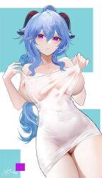 1girls big_breasts blue_hair breasts female_only ganyu_(genshin_impact) genshin_impact horns long_hair looking_at_viewer naked nipples no_panties nude omone_hokoma_agm purple_eyes pussy see_through solo solo_female undressing