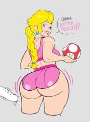 1boy 1girls alternate_hairstyle ass ass_expansion ass_shake blonde_hair blue_eyes booty_shorts braided_ponytail buttholemagick disembodied_penis huge_ass huge_penis mario_(series) mushroom penis princess_peach shorts super_mario_bros. super_mushroom wink