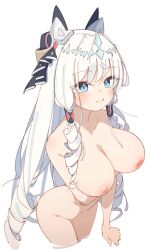 blue_eyes blush from_above large_breasts light_skin long_hair looking_at_viewer looking_up looking_up_at_viewer naked nipples no_bra no_panties nude nude_female rasusurasu solo standing tagme_(character) white_background white_hair