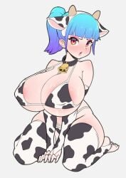1girls bell_collar blue_hair blush breasts cleavage collar covered_nipples cow_bell cow_bell_collar cow_ears cow_girl cowbell curvaceous curvy eyeliner eyeshadow female female_only flushed frustrated fully_clothed hourglass_figure huge_breasts light-skinned_female light_skin looking_at_viewer makeup mascara massive_breasts on_knees original original_character ponytail revealing_clothes skimpy_clothes stockings sweat thick_thighs wet whomperfruit