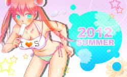 2012 aged_up aqua_eyes bent_over bikini blush bun_cover cleavage crab_alien double_bun female female_only gintama kagura_(gintama) leaning_forward long_hair medium_breasts orange_hair phallic_symbol popsicle sexually_suggestive side-tie_bikini solo swimsuit twintails