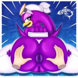 absurd_res anthro anus ass avian big_butt bird butt_grab eyelashes female genitals hand_on_butt hi_res huge_butt looking_at_viewer looking_back purple_body pussy renegade-157 sega solo sonic_(series) sonic_riders sonic_the_hedgehog_(series) spread_butt spread_legs spreading thick_thighs wave_the_swallow