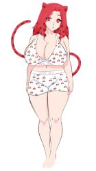 bagelfree bra cat_tail full_body huge_breasts jaguar_ears jaguar_print jaguar_tail kiera(bagelfree) long_hair milf red_eyes red_hair shorts tail thick_thighs wide_hips