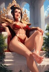 1girls abs ai_generated armor avatar_legends avatar_the_last_airbender azula breasts clothed clothed_female feet female female_only fit_female foot_fetish human kuriva long_legs looking_at_viewer mommy oiled oiled_skin princess red_lipstick solo throne