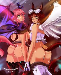 2girls angel_and_devil angel_wings animal_ears ass belt blue_eyes bottomless braid breasts brown_eyes brown_hair capelet cat_ears cat_tail choker demon_wings earrings facial_mark final_fantasy final_fantasy_xiv gloves green_eyes hair_ribbon hairbow hand_holding heterochromia looking_at_viewer lying miqo'te multi_wing multiple_girls parted_lips pink_hair pussy ribbon sabrith_ebonclaw seonidas short_hair sideboob tail tayelle_ebonclaw thighhighs wings yellow_eyes