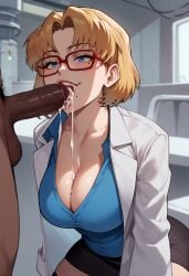 1girls ai_generated artcalypse blonde_hair breasts cum curvy dark-skinned_male dark_skin fellatio female gainax human interracial labcoat large_breasts light-skinned_female light_skin neon_genesis_evangelion ritsuko_akagi scientist short_hair solo_focus thiccwithaq_(ai_style) wide_hips