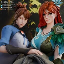 1boy 2girls 3d armor armored_female brown_hair dota dota_2 female forest green_eyes jungle light-skinned_female marci marci_(dota) medium_breasts multiple_girls orange_hair red_hair sluttavern small_breasts windranger yellow_eyes