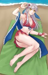 1girls absurdres alternate_costume arm_up armpits ass bare_legs bare_shoulders barefoot beach big_ass bikini breasts cleavage female female_only fire_emblem fire_emblem:_radiant_dawn fire_emblem_heroes flower grey_hair hair_flower hair_ornament hazuki_(nyorosuke) highres large_breasts legs micaiah_(fire_emblem) navel nintendo ocean official_alternate_costume outdoors red_bikini red_swimsuit solo stomach swimsuit thighs water white_flower yellow_eyes