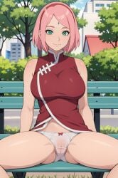 1girls ai_generated alternate_breast_size bare_legs bench big_breasts bob_cut boruto:_naruto_next_generations bottomless bottomless_female breasts cameltoe china_dress chinese_clothes clothing dress dress_lift female female_focus light-skinned_female light_skin looking_at_viewer mature mature_female milf nai_diffusion naruto naruto_(series) no_pants on_bench outdoors pale-skinned_female pale_skin panties parted_bangs partially_clothed petite petite_body pink_hair presenting presenting_pussy ringod sakura_haruno see-through_panties sitting sitting_on_bench smile solo spread_legs stable_diffusion thick_thighs thighs underwear white_skin