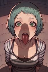 ahe_gao ai_generated asura_(ai_style) big_penis dark-skinned_male dark_skin green_eyes green_hair huge_cock open_mouth penis_awe penis_on_face penis_shadow persona persona_3 saliva silhouette tongue tongue_out wanuze yamagishi_fuuka