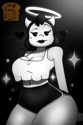 alice_angel angel_halo beanontoast bendy_and_the_ink_machine big_breasts big_tits black_hair black_lipstick black_shorts cleavage clothed_female female halo horns lipstick looking_at_viewer monochrome pacman_eyes raised_eyebrow shorts thick thick_thighs wide_hips