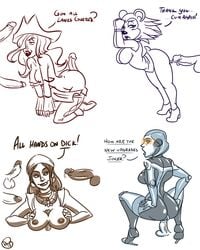 2013 animal_crossing bioware crossover dragon_age edi isabela labelle_able league_of_legends line_art mass_effect mass_effect_3 miss_fortune monochrome nintendo outlaw_ink uncensored