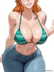 1girls ai_generated breasts cleavage female female_focus female_only large_breasts light-skinned_female light_skin nami nami_(one_piece) one_piece solo trazenart white_background wide_hips