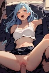 1boy 1girls ai_generated blue_hair female human jujutsu_kaisen kasumi_miwa laying_down male on_back orgasm penis pov pussy realstuntman sex vagina vaginal_penetration