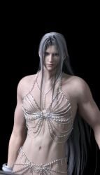 1boy 3d black_background crossdressing cuffs femboy feminine_male final_fantasy final_fantasy_vii functionally_nude green_eyes jewlery light-skinned_male light_skin long_hair looking_at_viewer male male_focus nipples pzoiii sephiroth silver_hair square_enix tagme toned toned_male villain