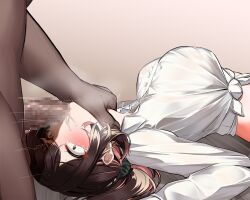 1boy 1girls blush brown_hair cum cum_in_mouth dark-skinned_male fellatio genitals green_eyes indie_virtual_youtuber large_breasts large_penis light-skinned_female lying miori_celesta penis pharetra_third tsunderia virtual_youtuber