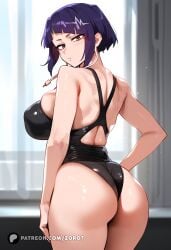 ai_generated ass back bangs bare_shoulders black_swimsuit boku_no_hero_academia breasts female from_behind half-closed_eyes jirou_kyouka kyoka_jiro large_breasts looking_at_viewer looking_back my_hero_academia one-piece_swimsuit purple_hair shiny shiny_hair shiny_skin short_hair solo swimsuit thighs zoro7