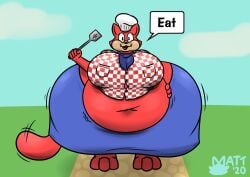 big_butt breasts cat_ears cat_tail chef_hat fat feline mattthetooncat obese plaid_shirt red_fur scarf simple_background speech_bubble toontown_cat toontown_corporate_clash toontown_online toony