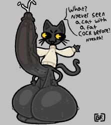 anthro balls big_balls big_eyes big_penis bodily_fluids casual_nudity clothed clothing dialogue digital_media_(artwork) domestic_cat dusk_(ghostfuckrr) erection eyebrows felid feline felis fur genital_fluids genitals ghostfuckrr grey_body grey_fur huge_balls huge_cock hyper hyper_balls hyper_genitalia hyper_penis long_penis long_tail male mammal partially_clothed penis precum raised_arms saggy_balls short_anthro short_male signature simple_background small_but_hung solo sweat sweater sweaty_balls sweaty_genitalia sweaty_penis tail talking_to_viewer topwear vein veiny_penis whiskers yellow_eyes