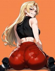 ai_generated ass ass_focus big_ass blonde_hair boots cameltoe clothed female from_behind jujutsu_kaisen kenjaku long_hair looking_at_viewer looking_back midriff narrowed_eyes possession smile solo stitches tagme thiccwithaq_(ai_style) wariza yuki_tsukumo