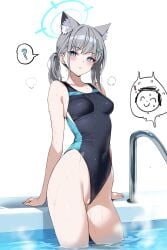 absurdres animal_ear_fluff animal_ears artistic_error ateoyh bare_arms bare_legs bare_shoulders blue_archive blue_eyes breasts clothing_aside competition_swimsuit covered_navel covered_nipples doodle_sensei_(blue_archive) extra_ears female grey_hair hair_ornament halo highres looking_at_viewer official_alternate_costume one-piece_swimsuit pussy sensei_(blue_archive) shiroko_(blue_archive) shiroko_(swimsuit)_(blue_archive) small_breasts swimsuit swimsuit_aside thighs wet wolf_ears