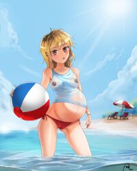 1girls beach belly big_belly blonde_hair breasts female joethestone nipples nipples_visible_through_clothing pregnant solo translucent_clothing