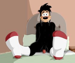 absurd_res anthro balls bed bedroom blush canid canine clothing disney feet footwear furniture genitals goof_troop hi_res inprogress looking_at_viewer male male_only mammal max_goof nude penis sitting socks solo