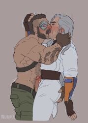 2boys 2males balls bara blush body_hair boner closed_eyes clothing erection facial_hair gay grabbing_head hand_on_ass kano_(mortal_kombat) kissing long_hair machojuice male male_only mortal_kombat muscles muscular mutton_chops penis raiden_(mortal_kombat) sideburns