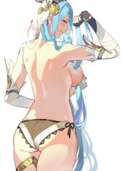 1girls alternate_costume arm_up ass azura_(fire_emblem) azura_(song's_reflection)_(fire_emblem) back back_focus back_view bare_back bare_shoulders bare_thighs big_ass black_panties blue_hair breasts closed_mouth dancer detached_sleeves ear_piercing earrings elbow_gloves female female_only fingerless_gloves fire_emblem fire_emblem_fates fire_emblem_heroes from_behind gloves hair_between_eyes highres jewelry light_blue_hair long_hair looking_at_viewer looking_back medium_breasts nintendo nipples official_alternate_costume panties piercing see-through shoulders side-tie_panties signature simple_background smile solo thighs underwear veil very_long_hair white_background yellow_eyes yusi_vishnu