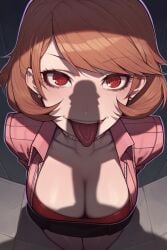 ahe_gao ai_generated asura_(ai_style) big_penis brown_hair dark-skinned_male dark_skin huge_cock open_mouth penis_awe penis_shadow persona persona_3 red_eyes saliva silhouette tongue tongue_out wanuze yukari_takeba