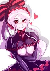 1girls blank_background blush breasts breasts_out cavalry clothing cute_fang fangs female female_only heart heart_symbol looking_at_viewer mostly_clothed overlord_(maruyama) red_eyes shalltear_bloodfallen slit_pupils solo solo_female vampire vampire_girl vampire_teeth