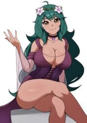 1girls brown_eyes choker corset crossed_legs dress female green_hair large_breasts long_hair revealing_clothes sitting smiling_at_viewer snufkinmae solo thighs