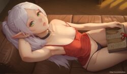 1girls breasts dress elf elf_ears erokaze erokaze_ female female_focus female_on_top flat_chest frieren green_eyes light-skinned_female light-skinned_male light_skin long_hair looking_at_viewer loose_clothes male micro_panties nipple_slip panties partially_clothed pointy_ears pov reading small_breasts sousou_no_frieren strap_slip sweat tank_top twintails wardrobe_malfunction white_hair