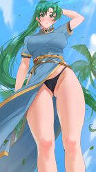 blush cameltoe earrings female fire_emblem fire_emblem:_the_blazing_blade green_eyes green_hair long_hair lyn_(fire_emblem) palm_tree palm_trees panties ponytail sendrawz solo source_request wind wind_lift