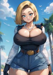 1girls ai_generated alternate_breast_size android_18 belt big_breasts blonde_hair blue_eyes bob_cut breasts bursting_breasts cleavage cleavage_overflow covered_nipples denim_shorts dragon_ball_super dragon_ball_z earrings female female_only gloves huge_breasts huge_hips jewelry long_sleeves necklace outdoors outside pearl_necklace short_hair sky smile solo solo_female stable_diffusion tampopo thick_thighs thigh_gap torn_sleeves undershirt wide_hips