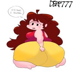 black_eyes blush brown_hair derp777 edit edited embarrassed fat friday_night_funkin girlfriend_(friday_night_funkin) looking_at_viewer moonoatmeal no_shoes obese red_dress sad scat sequence shart shorts sweat text text_bubble yellow_shorts