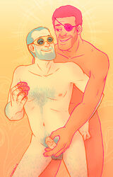 2boys artist_request blue_hair dark-skinned_male demoman engineer engineer_(team_fortress_2) erect_nipples erection eye_patch facial_hair feet_out_of_frame gay goggles hairy_balls handjob holding_penis implied_anal implied_penetration looking_at_partner male male_focus male_only nude penis_grab pleasure_face reach_around short_penis small_penis smile team_fortress_2 valve veiny_penis