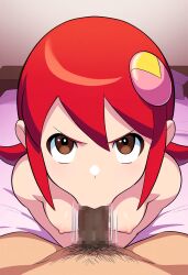 ai_generated angry areolae blowjob blowjob_face breasts erection fellatio female flat_chest hair_pin looking_at_viewer male mayl_sakurai mega_man mega_man_battle_network naked nipples nude oral oral_sex penis pov red_hair sakurai_meiru sex small_breasts sucking sucking_penis suo