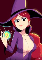 1girls 2024 aonoexorcist100 artist_signature big_breasts breasts cleavage clothing cyberchase edit female green_skin magic makeup pbskids pointy_nose red_hair simple_background smile solo wicked_(cyberchase) witch witch_costume witch_hat