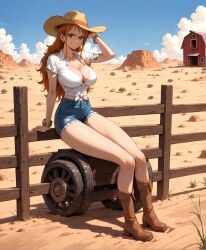 1girls ai_generated big_breasts boots brown_boots brown_eyes cleavage conniexx cowboy_hat denim_shorts desert farm farmgirl female female_only hi_res high_resolution highres large_breasts leaning_on_fence legs legs_together nami nami_(one_piece) one_piece orange_hair pony_diffusion_xl sitting sitting_on_fence smile smiling smiling_at_viewer smirk smirking smirking_at_viewer stable_diffusion thick_thighs white_shirt