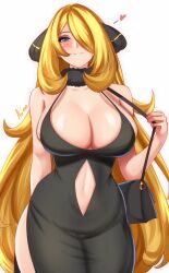 1girls anisdrawn blonde_hair breasts cleavage cynthia_(pokemon) dress female fully_clothed fur_collar game_freak hair_over_one_eye hi_res huge_breasts light-skinned_female light_skin long_hair naughty_face nintendo pokemon pokemon_dppt