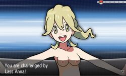 blonde_hair edit english_text female female_only game_freak gray_eyes lass_(pokemon) lass_(pokemon_xy) looking_at_viewer nintendo npc_trainer official_artwork_edit pokeball pokemon pokemon_xy small_breasts solo text