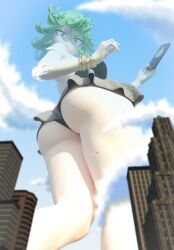 1girls 3d bracelet city female_only giantess giga_giantess green_eyes green_hair huge_ass kamicamie looking_down one-punch_man phone pov short_hair short_skirt tatsumaki