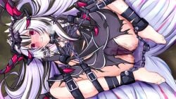 1girls alternate_costume black_hair black_panties bondage bound chained_up clenched_teeth fire_emblem fire_emblem_engage fire_emblem_heroes headwear horns nintendo official_alternate_costume panties red_eyes restrained uncontroldelusioner veyle_(fell_successor)_(fire_emblem) veyle_(fire_emblem) white_hair