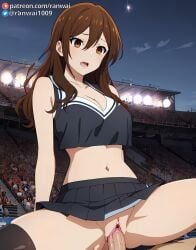 ai_generated anime bondage brown_eyes brown_hair cheerleader cheerleader_uniform cowgirl_position hori_kyouko horimiya ranwai sex stable_diffusion vaginal_penetration vaginal_sex