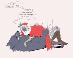 2boys anal anal_sex anthro armor baring_teeth blaidd_(elden_ring) blush canid canine canis claws closed_eyes clothed elden_ring fromsoftware fur furry gay grey_hair leg_armor lying_on_back lying_on_person lying_on_stomach male male/male merchant_kalé messy_hair muscular muscular_male obscured_face obscured_genitals partially_clothed penetration pleasure_face sharp_teeth size_difference skinny_male smaller_male thrusting white_hair wolf