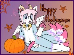 absurd_res ambiguous_gender animal_genitalia animal_penis anthro antlers asian_mythology balls bow_tie candle canid canine canine_genitalia canine_penis east_asian_mythology erection femboy food fox fruit fur genital_tattoo genitals gesture hair halloween halo hand_gesture happy_halloween hi_res holidays horn japanese_mythology kiitzunegari knot looking_at_viewer lying male mammal markings minimal_clothing mostly_nude multi_tail mythology nico_nikoniko_(kiitzunegari) nude on_side open_mouth penis pink_hair plant pumpkin purple_body purple_eyes purple_fur ribbons shadow simple_background smile solo spider_web star star_(marking) tail tattoo text v_sign wings