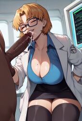 1girls ai_generated artcalypse blonde_hair breasts cum curvy dark-skinned_male dark_skin fellatio female gainax human interracial labcoat large_breasts light-skinned_female light_skin neon_genesis_evangelion ritsuko_akagi scientist short_hair solo_focus thiccwithaq_(ai_style) thick_thighs wide_hips