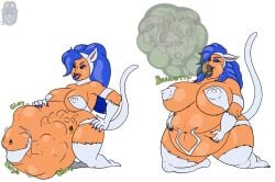 2_panel_comic bee_girl belch belching blue_hair blue_lipstick bulging_belly capcom cat_ears cat_girl cat_tail catgirl darkartist darkstalkers death digested digestion fat_arms fat_belly fat_breasts fat_thighs felicia female female_pred female_prey licking_lips lilith_aensland morrigan_aensland multiple_girls multiple_prey post_vore post_vore_weight_gain prey_bulge q-bee soft_vore souls succubus vore vore_belly white_fur
