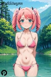 ai_generated aqua_eyes arms_behind_back ass_visible_through_thighs bangs bare_shoulders bikini blue_eyes blue_sky blush bow breasts closed_mouth cloud collarbone cowboy_shot day drill_hair female forest grass groin hairbow halterneck hanabishi_haruka lake looking_at_viewer magia_magenta mahou_shoujo_ni_akogarete medium_breasts medium_hair mountain mountainous_horizon nature navel nose_blush outdoors pikkiwynn pink_bikini pink_hair ribbon side-tie_bikini_bottom sky solo standing stomach string_bikini swimsuit tree twin_drills twintails wading water